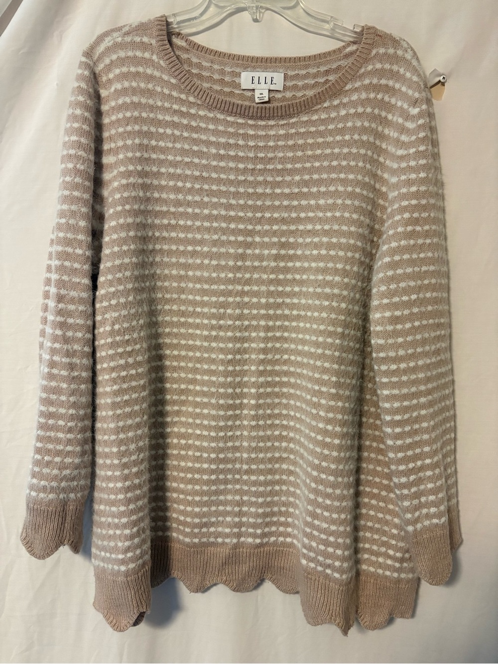 ELLE Taupe and Cream Striped Scallop-Hem Crewneck Sweater